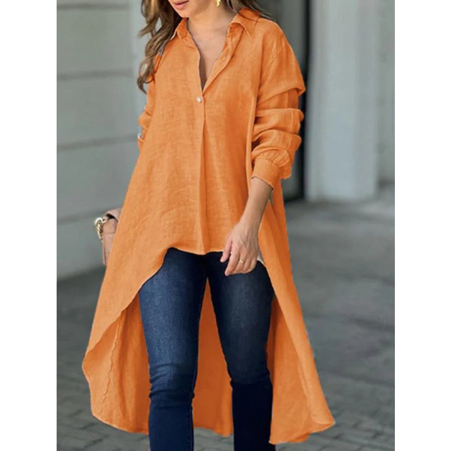 Full Size High-Low Collared Neck Long Sleeve Shirt Tangerine / S Apparel and Accessories
