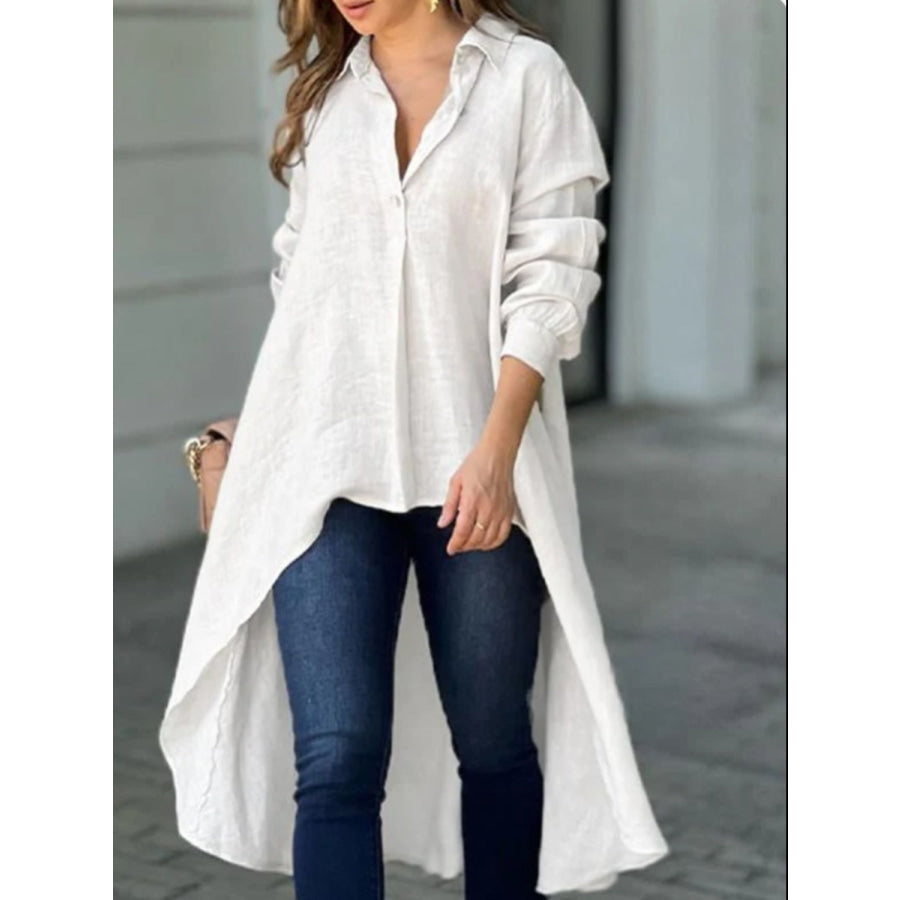 Full Size High-Low Collared Neck Long Sleeve Shirt White / S Apparel and Accessories