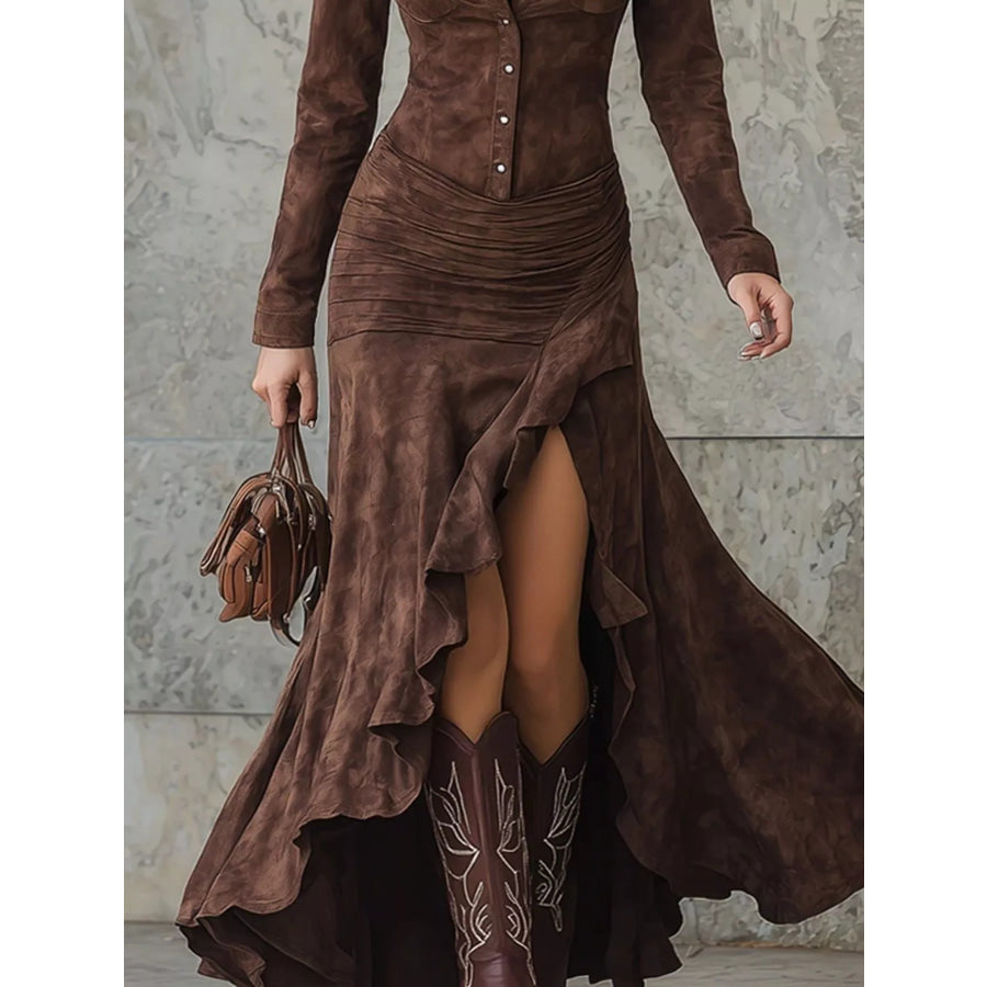 Full Size High-Low Long Sleeve Maxi Dress Plus Size Apparel and Accessories