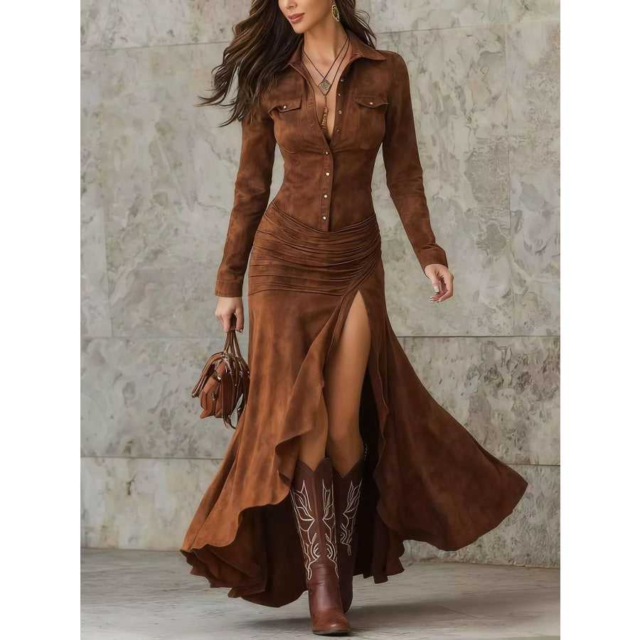 Full Size High-Low Long Sleeve Maxi Dress Plus Size Caramel / S Apparel and Accessories