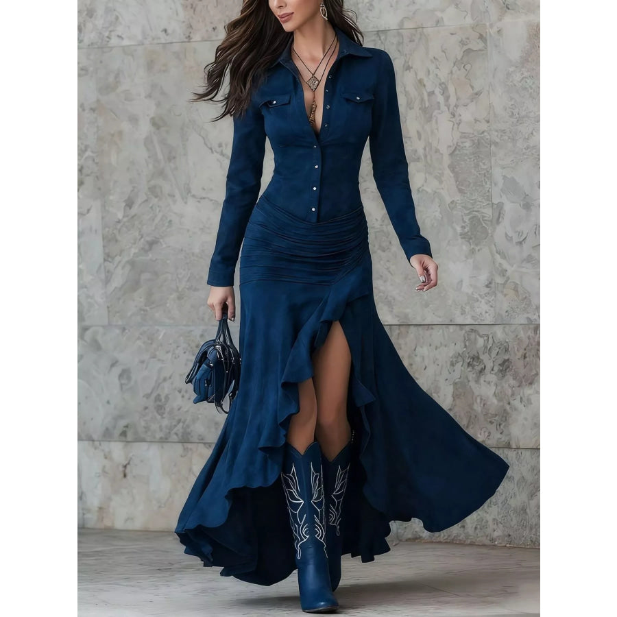 Full Size High-Low Long Sleeve Maxi Dress Plus Size Dark Blue / S Apparel and Accessories