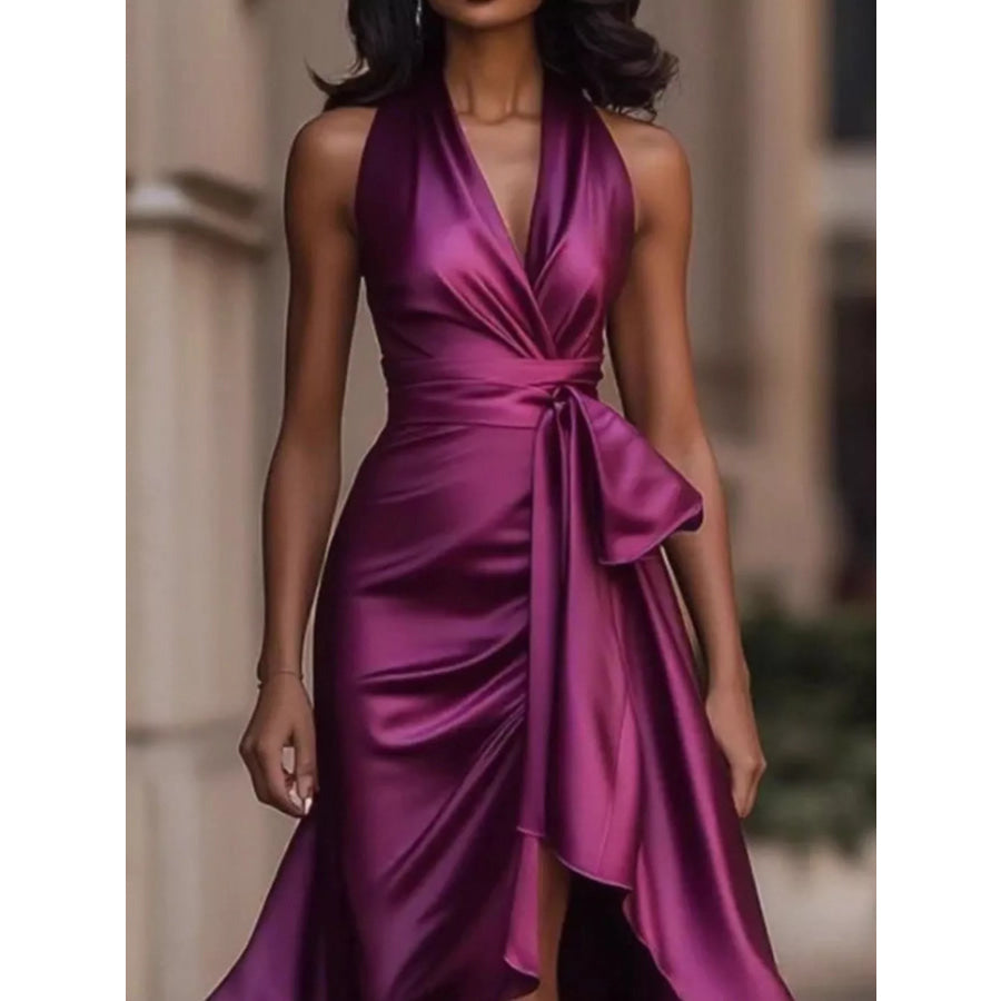 Full Size High-Low Ruffled Satin Maxi Dress Plus Size Apparel and Accessories