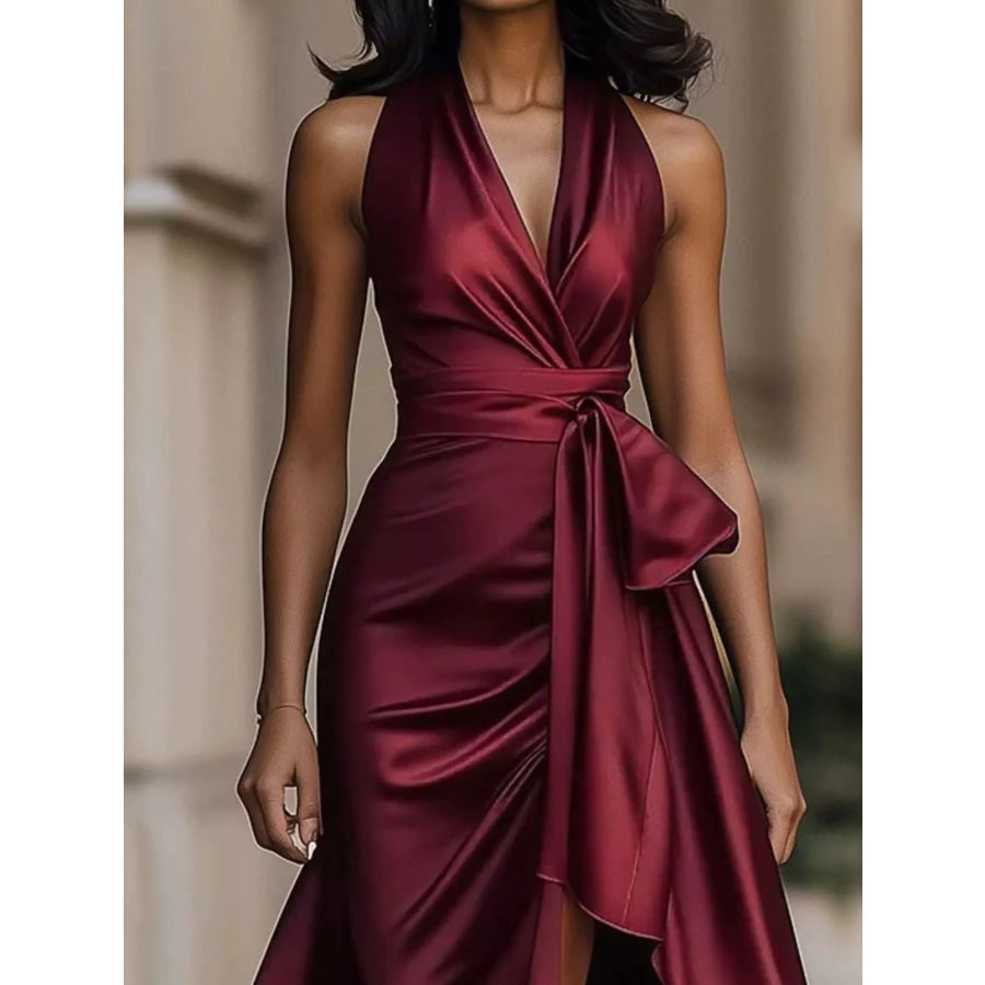 Full Size High-Low Ruffled Satin Maxi Dress Plus Size Apparel and Accessories