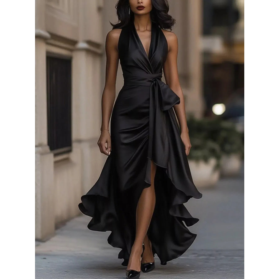 Full Size High-Low Ruffled Satin Maxi Dress Plus Size Black / XS Apparel and Accessories