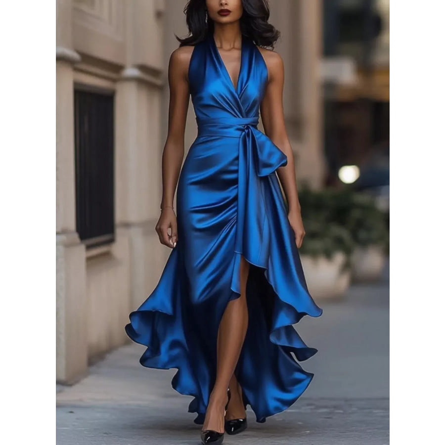 Full Size High-Low Ruffled Satin Maxi Dress Plus Size Blue / XS Apparel and Accessories