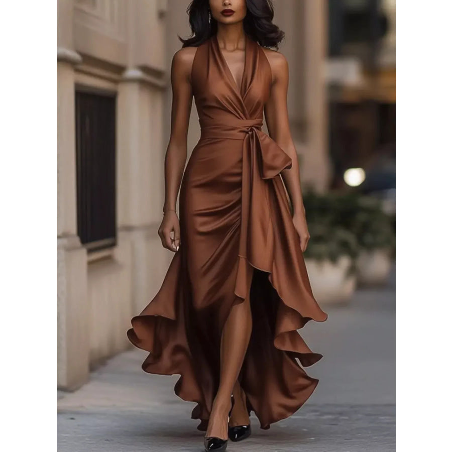 Full Size High-Low Ruffled Satin Maxi Dress Plus Size Brown / XS Apparel and Accessories