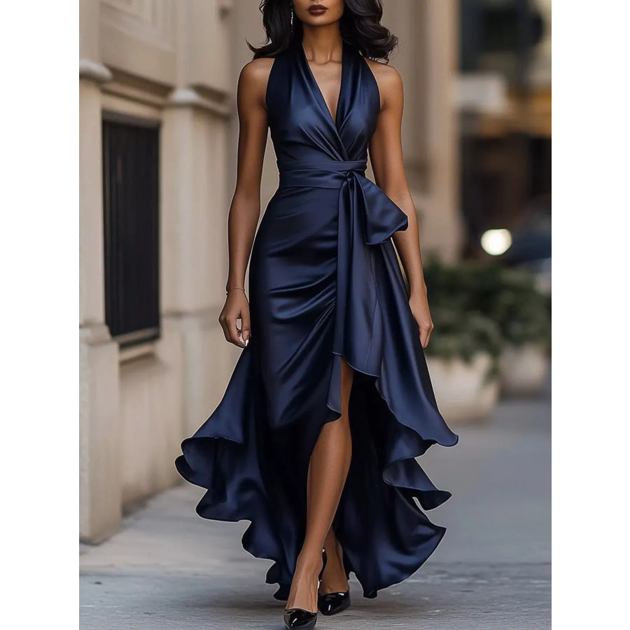 Full Size High-Low Ruffled Satin Maxi Dress Plus Size Navy Blue / XS Apparel and Accessories