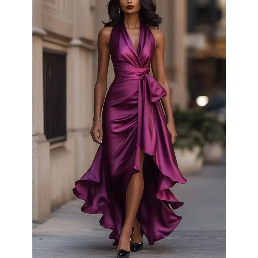 Full Size High-Low Ruffled Satin Maxi Dress Plus Size Purple Red / XS Apparel and Accessories