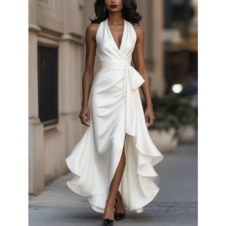 Full Size High-Low Ruffled Satin Maxi Dress Plus Size White / XS Apparel and Accessories