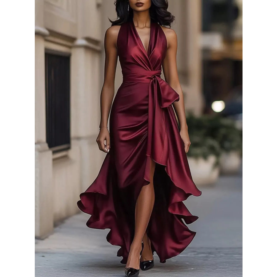 Full Size High-Low Ruffled Satin Maxi Dress Plus Size Wine Red / XS Apparel and Accessories