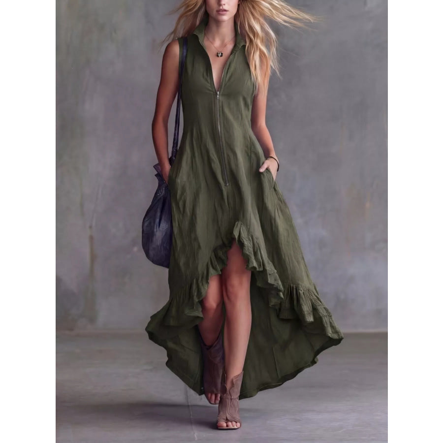 Full Size High-Low Ruffled Zip Front Dress Plus Size Army Green / S Apparel and Accessories