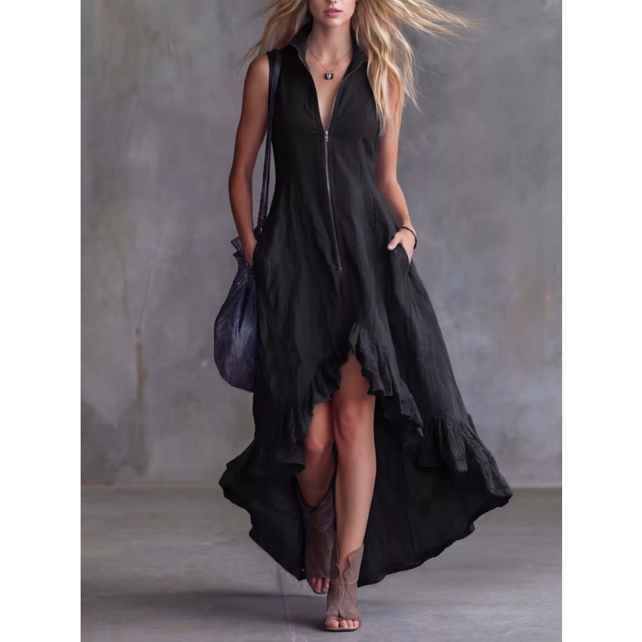 Full Size High-Low Ruffled Zip Front Dress Plus Size Black / S Apparel and Accessories