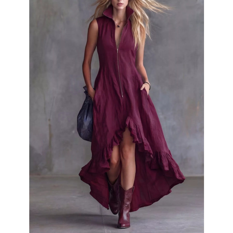 Full Size High-Low Ruffled Zip Front Dress Plus Size Burgundy / S Apparel and Accessories