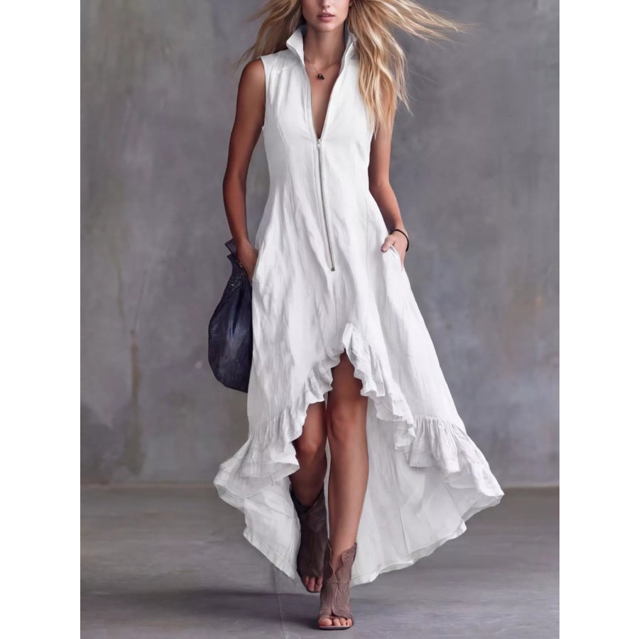 Full Size High-Low Ruffled Zip Front Dress Plus Size White / S Apparel and Accessories