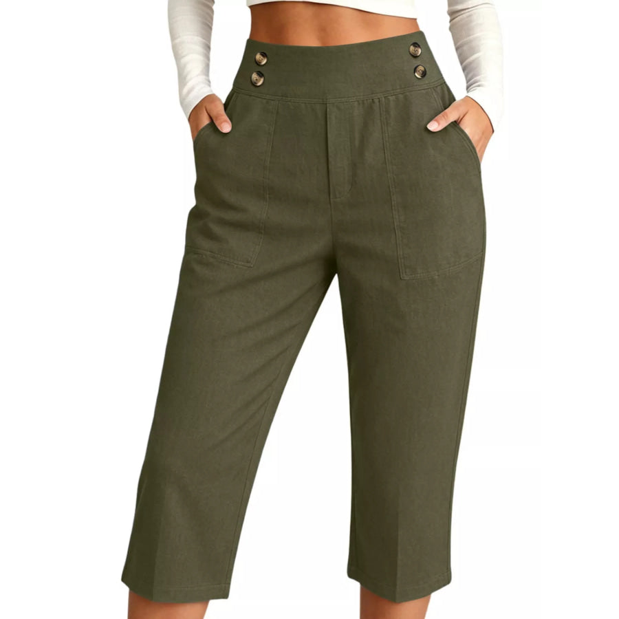 Full Size High-Waisted Button-Detail Cropped Pants Plus Army Green / S
