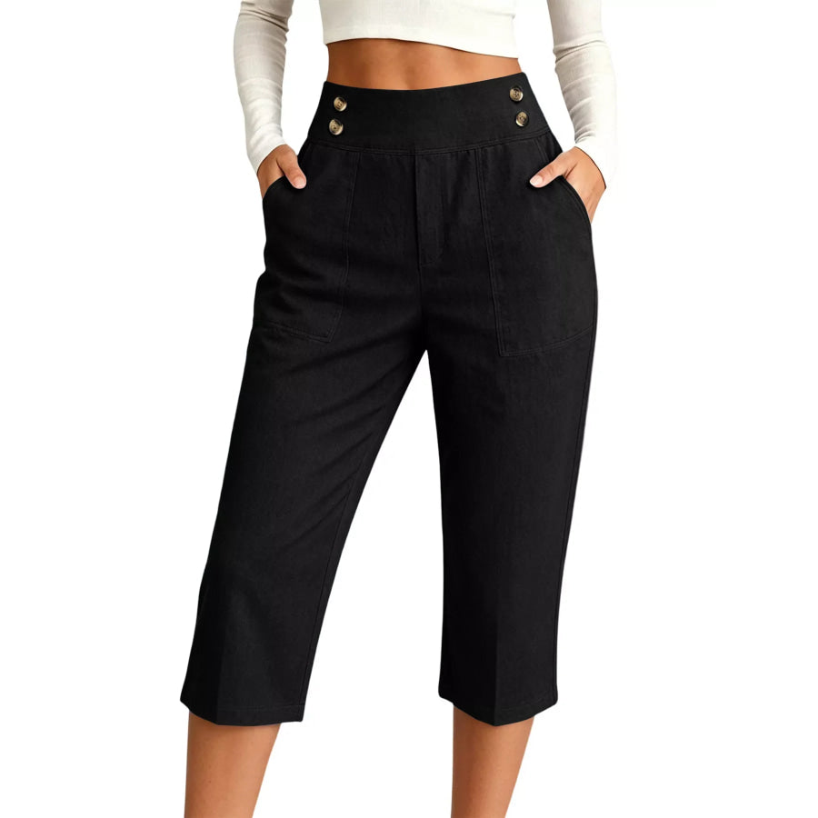 Full Size High-Waisted Button-Detail Cropped Pants Plus Black / S