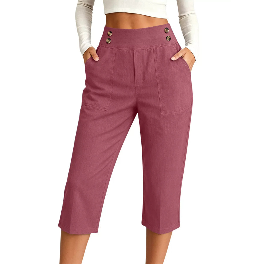 Full Size High-Waisted Button-Detail Cropped Pants Plus Cerise / S