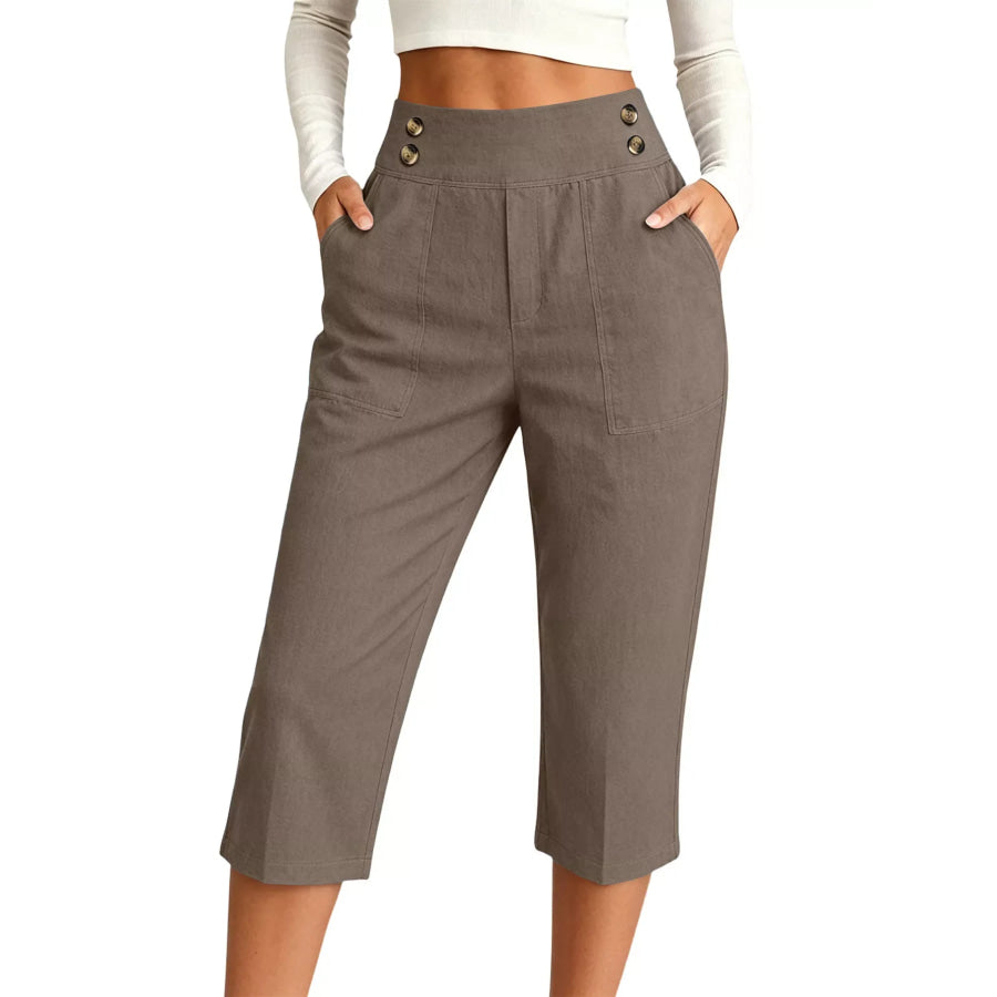 Full Size High-Waisted Button-Detail Cropped Pants Plus Coffee Brown / S