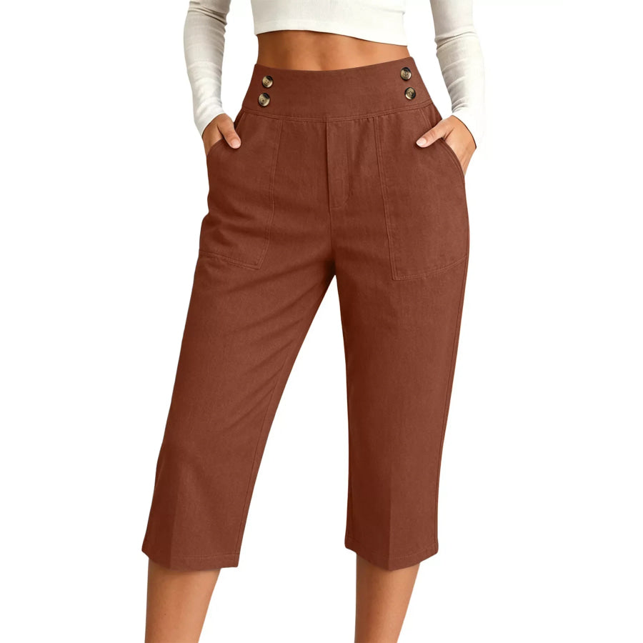 Full Size High-Waisted Button-Detail Cropped Pants Plus Coffee / S