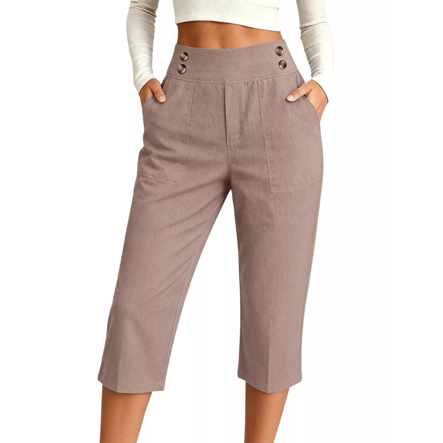 Full Size High-Waisted Button-Detail Cropped Pants Plus Khaki / S