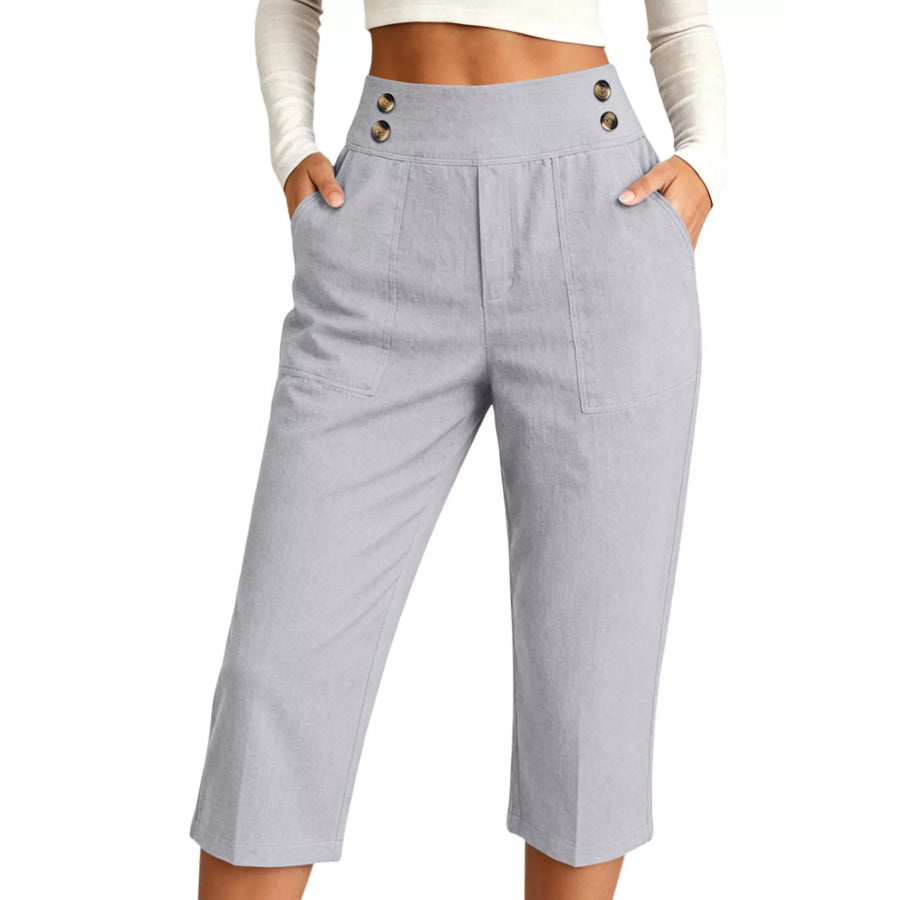 Full Size High-Waisted Button-Detail Cropped Pants Plus Light Gray / S