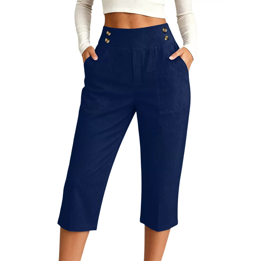Full Size High-Waisted Button-Detail Cropped Pants Plus Navy Blue / S