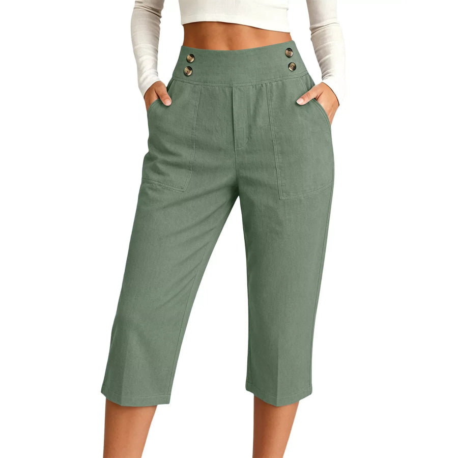 Full Size High-Waisted Button-Detail Cropped Pants Plus Sage / S