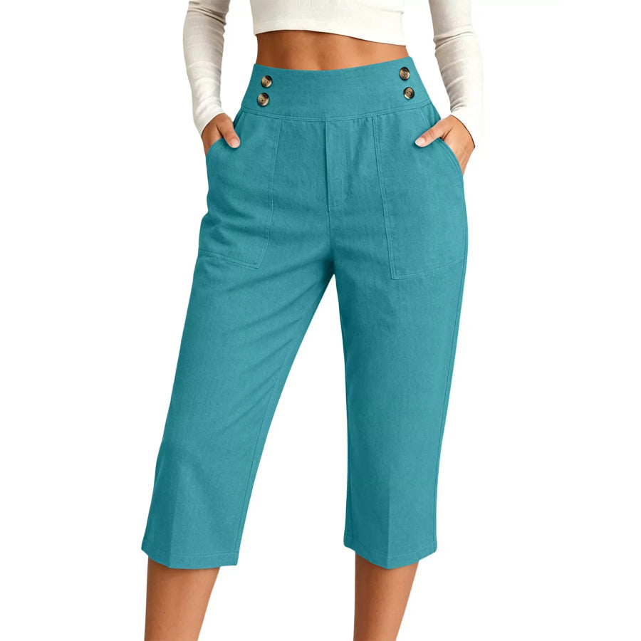 Full Size High-Waisted Button-Detail Cropped Pants Plus Turquoise / S