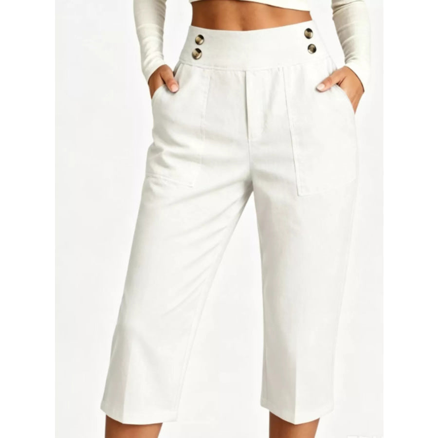 Full Size High-Waisted Button-Detail Cropped Pants Plus White / S