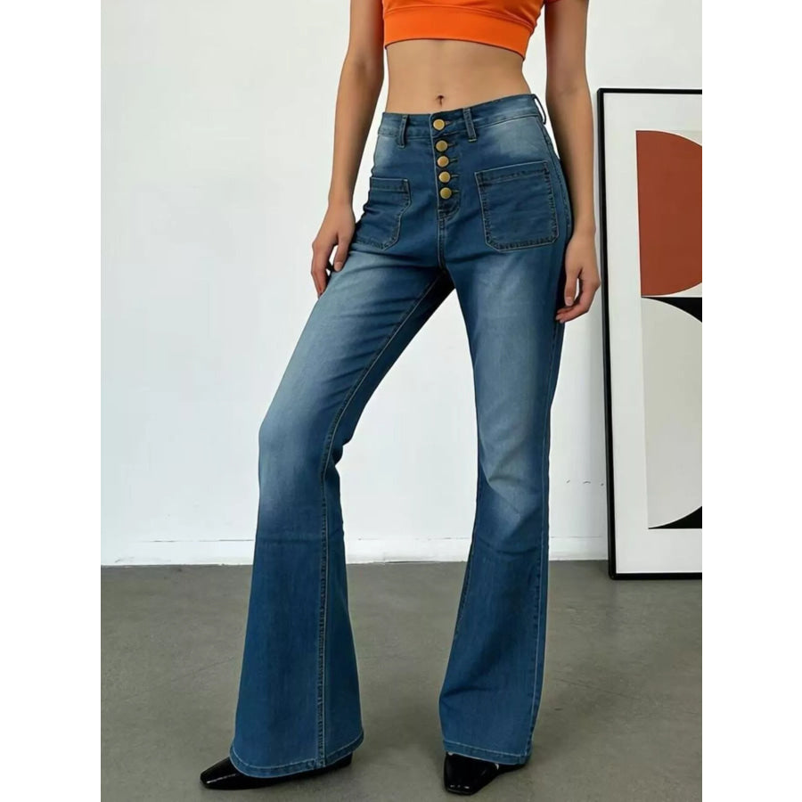 Full Size High-Waisted Button-Fly Flare Jeans Plus Size Apparel and Accessories