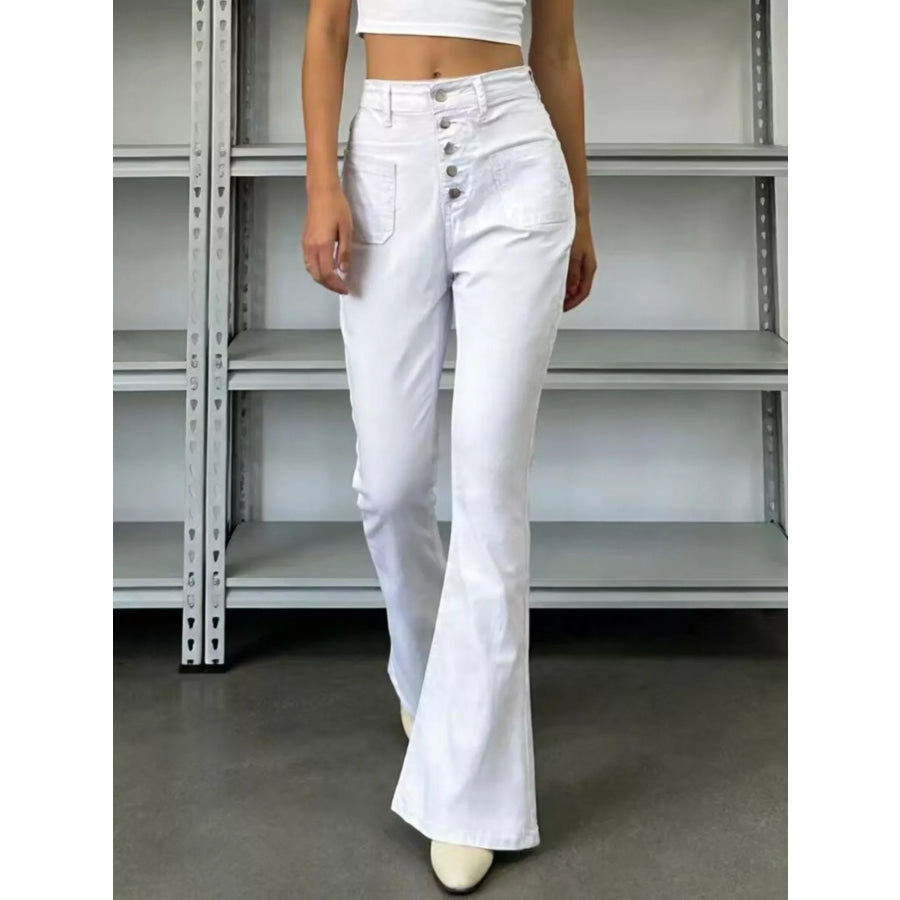 Full Size High-Waisted Button-Fly Flare Jeans Plus Size Gray/white / XS Apparel and Accessories