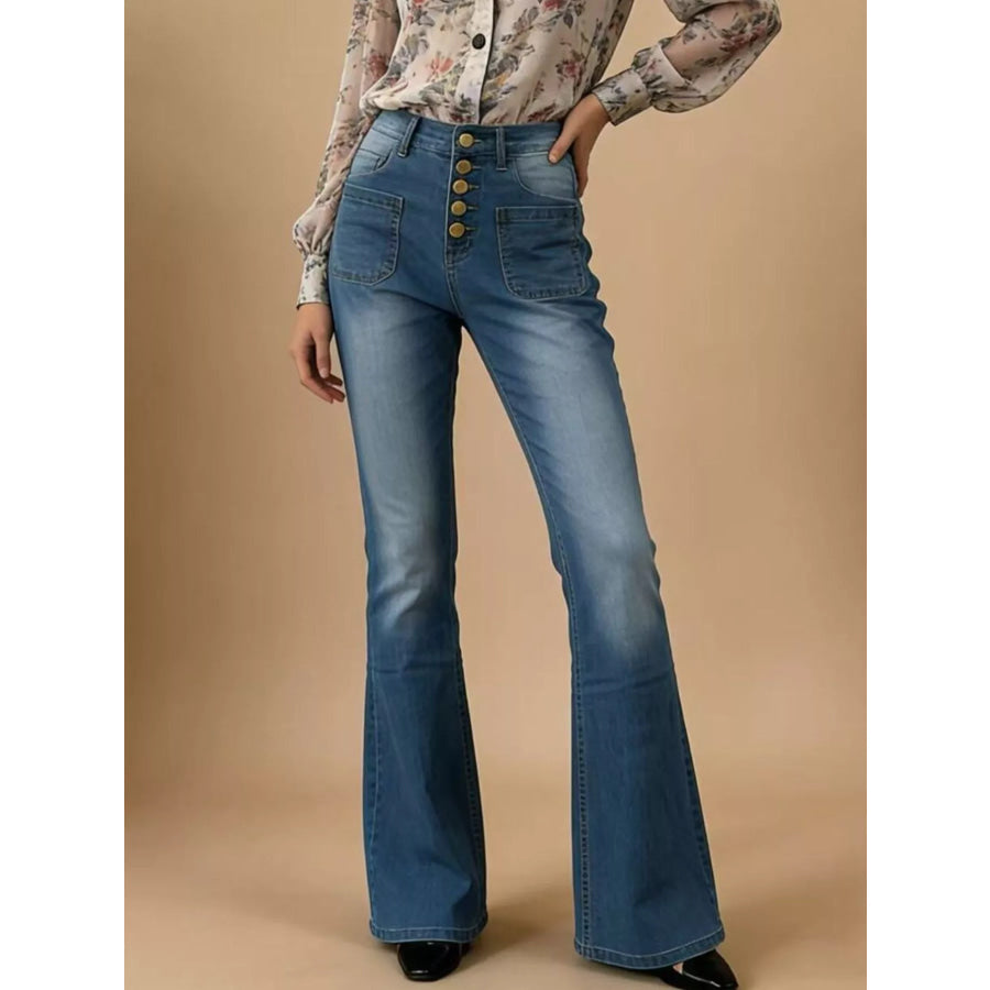Full Size High-Waisted Button-Fly Flare Jeans Plus Size Light Blue / XS Apparel and Accessories