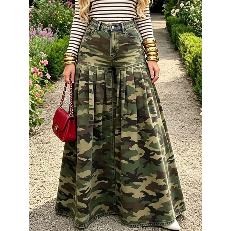 Full Size High-Waisted Camouflage Wide-Leg Jeans Plus Army Green / S Apparel and Accessories