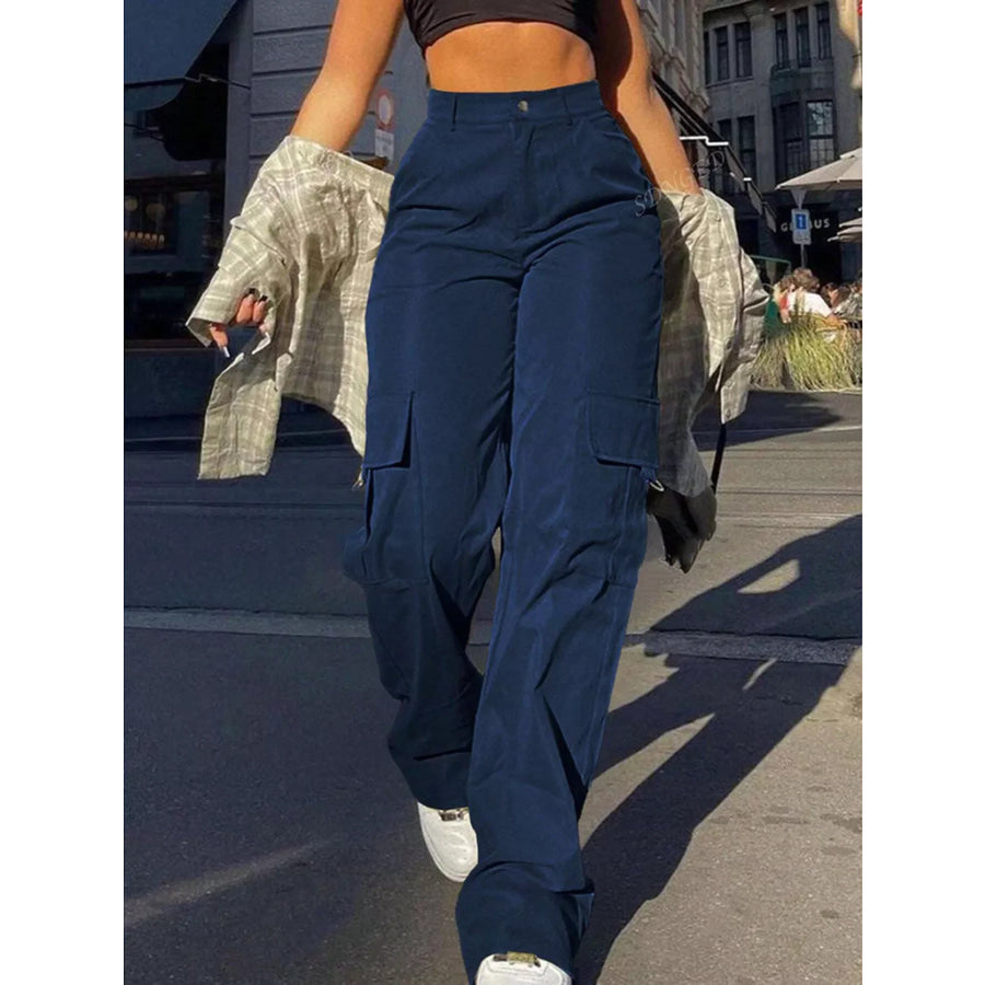 Full Size High-Waisted Cargo Pants Plus Size Navy Blue / S Apparel and Accessories