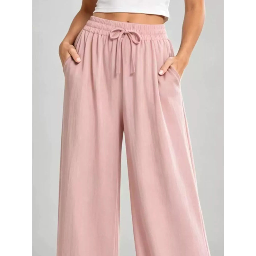 Full Size High-Waisted Drawstring Wide-Leg Casual Pants Plus Apparel and Accessories