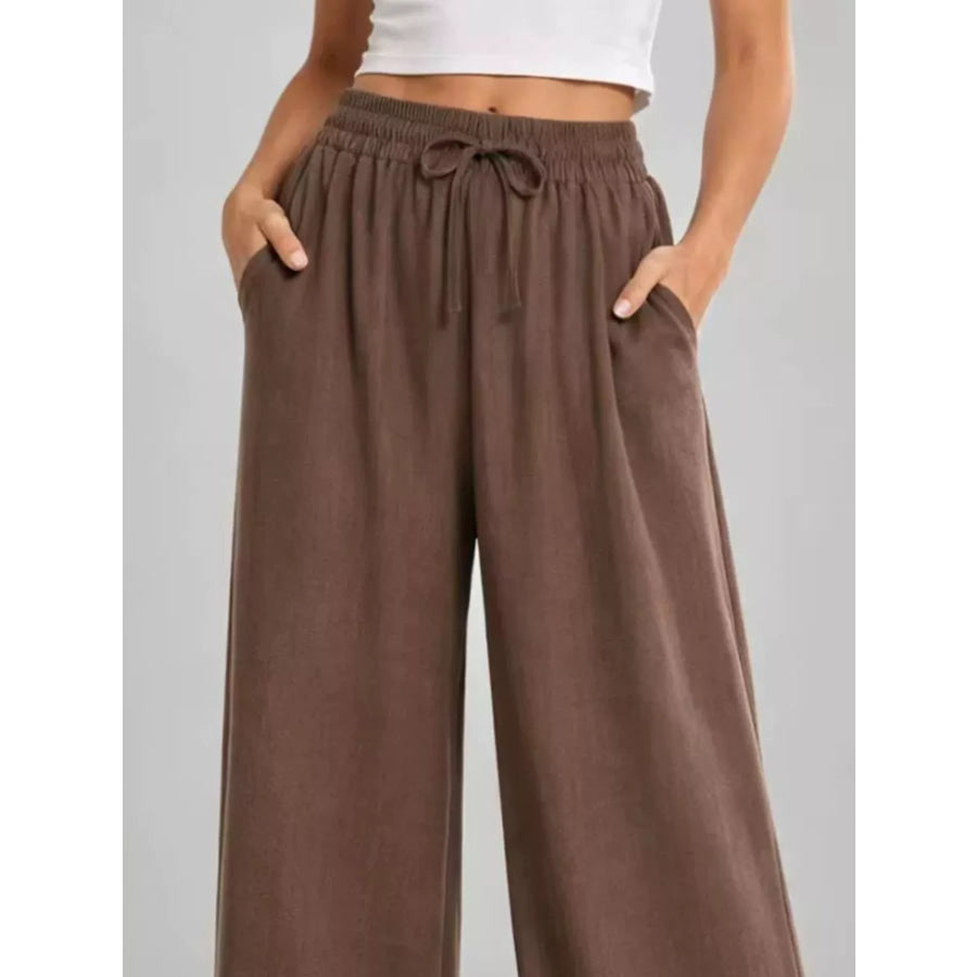 Full Size High-Waisted Drawstring Wide-Leg Casual Pants Plus Apparel and Accessories