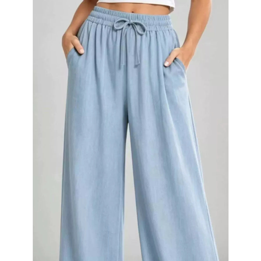 Full Size High-Waisted Drawstring Wide-Leg Casual Pants Plus Apparel and Accessories