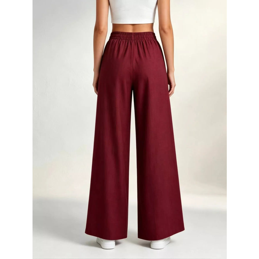 Full Size High-Waisted Drawstring Wide-Leg Casual Pants Plus Apparel and Accessories