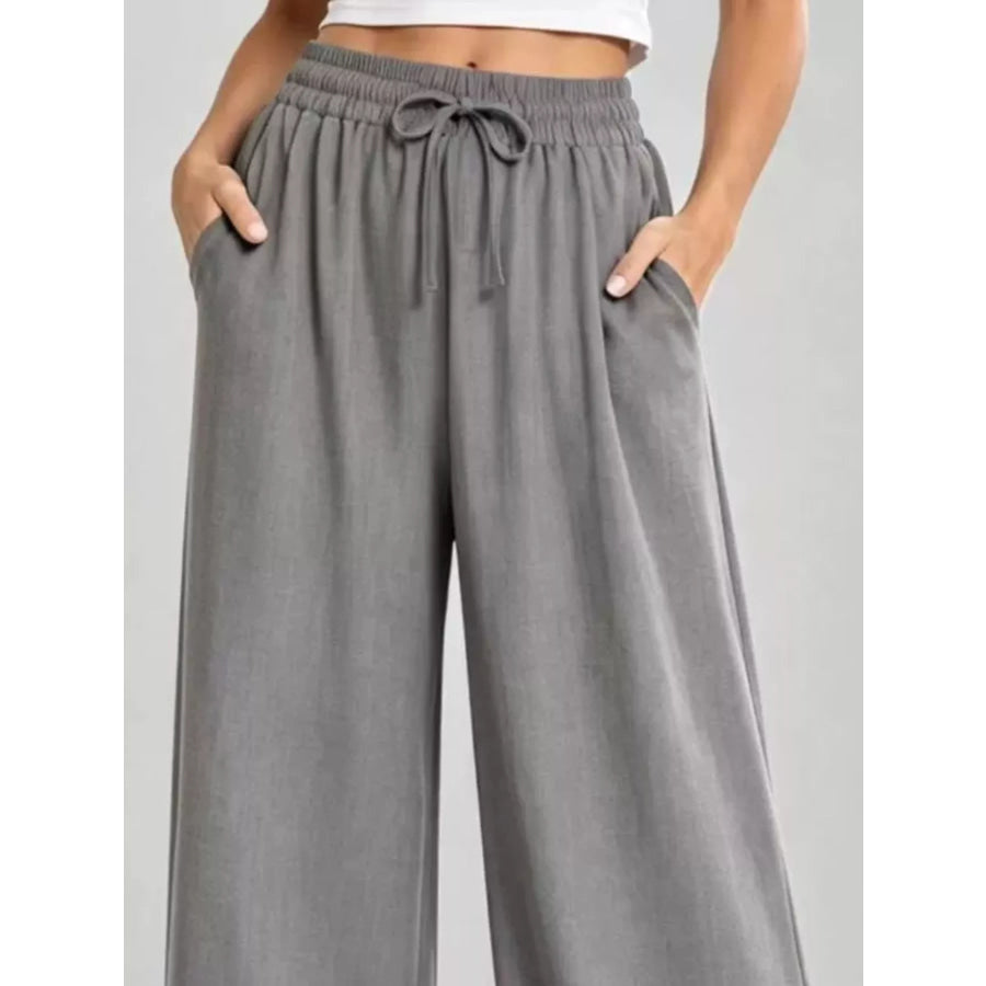 Full Size High-Waisted Drawstring Wide-Leg Casual Pants Plus Apparel and Accessories