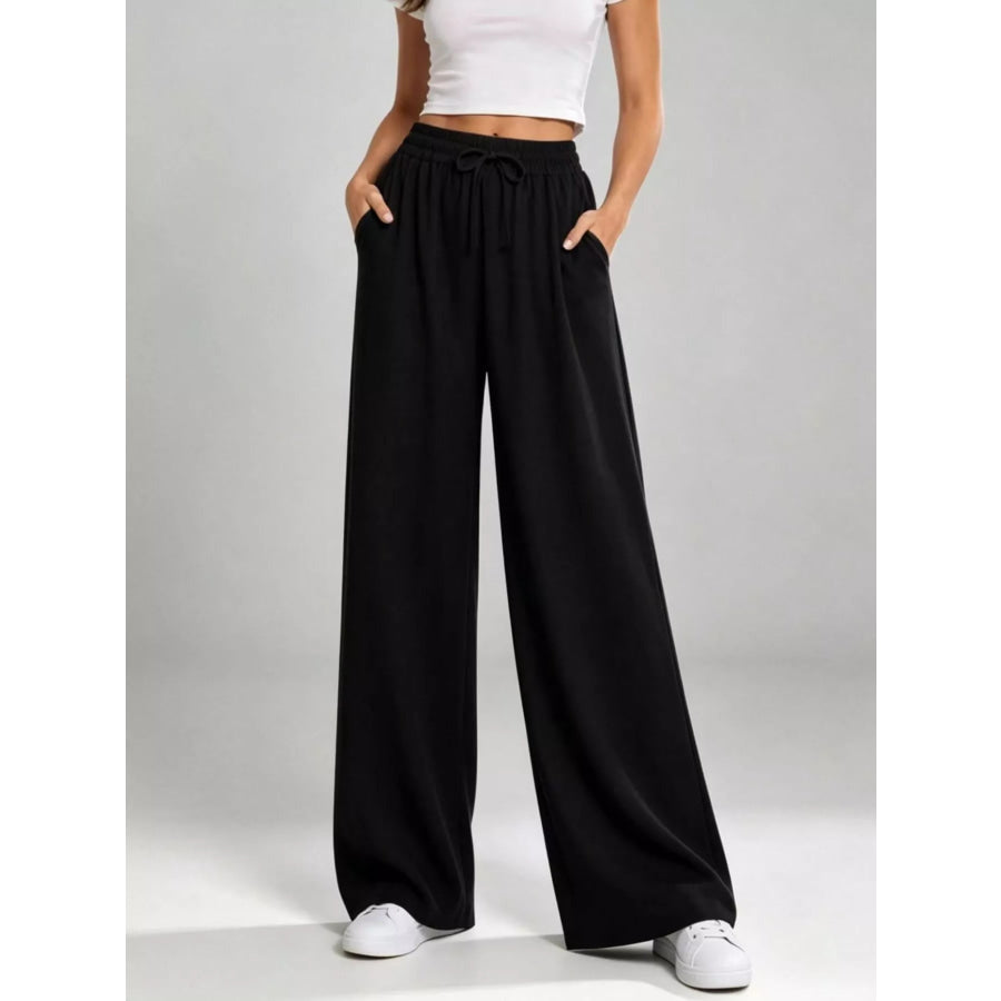Full Size High-Waisted Drawstring Wide-Leg Casual Pants Plus Black / S Apparel and Accessories