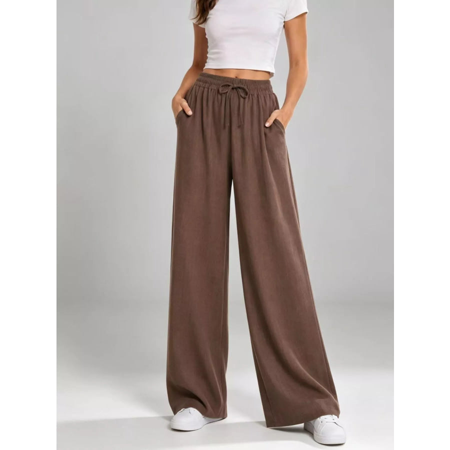 Full Size High-Waisted Drawstring Wide-Leg Casual Pants Plus Brown / S Apparel and Accessories