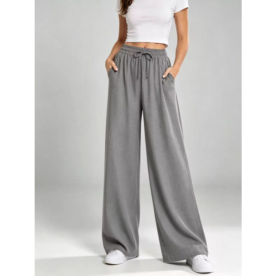 Full Size High-Waisted Drawstring Wide-Leg Casual Pants Plus Gray / S Apparel and Accessories