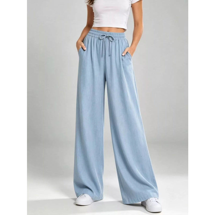 Full Size High-Waisted Drawstring Wide-Leg Casual Pants Plus Light Blue / S Apparel and Accessories