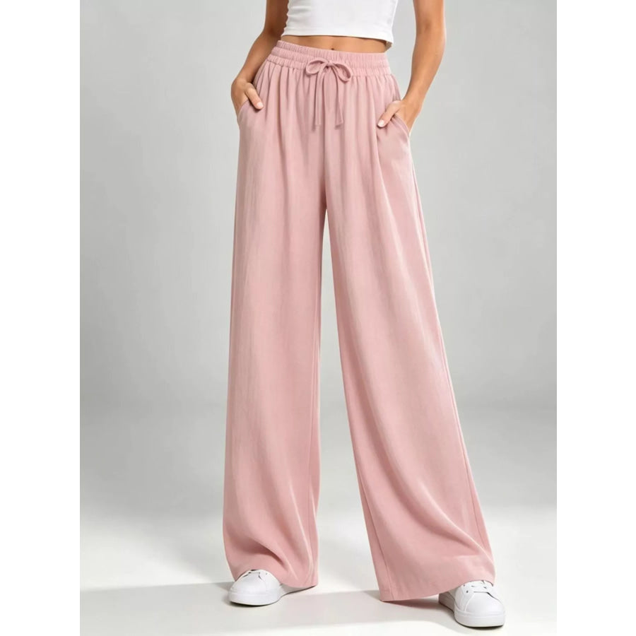 Full Size High-Waisted Drawstring Wide-Leg Casual Pants Plus Pink / S Apparel and Accessories