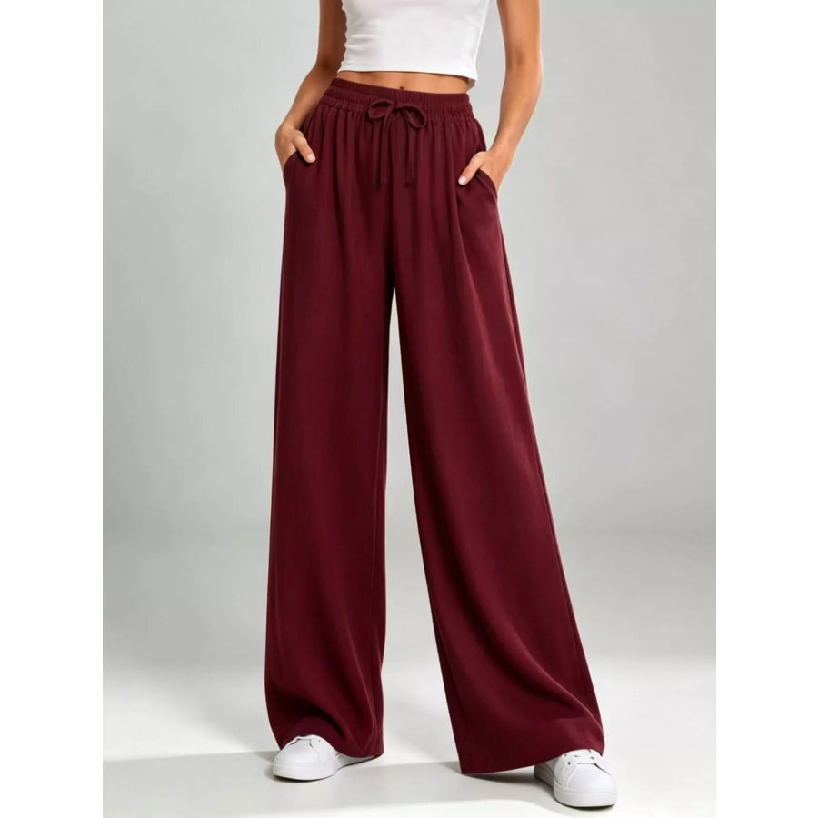 Full Size High-Waisted Drawstring Wide-Leg Casual Pants Plus Wine Red / S Apparel and Accessories