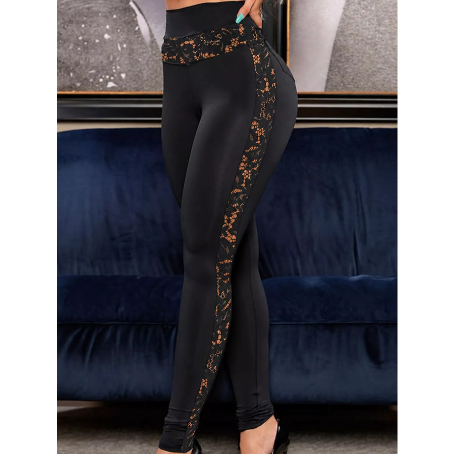 Full Size High-Waisted Floral Lace-Trimmed Slimming Leggings Plus Black / S Apparel and Accessories