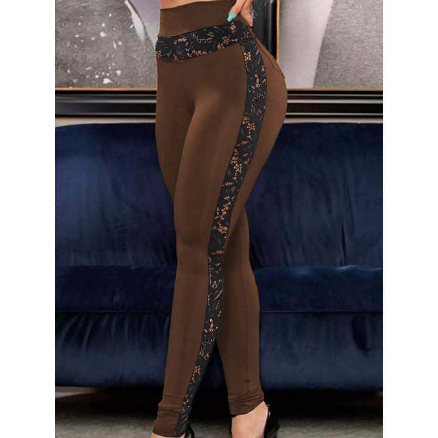 Full Size High-Waisted Floral Lace-Trimmed Slimming Leggings Plus Brown / S Apparel and Accessories