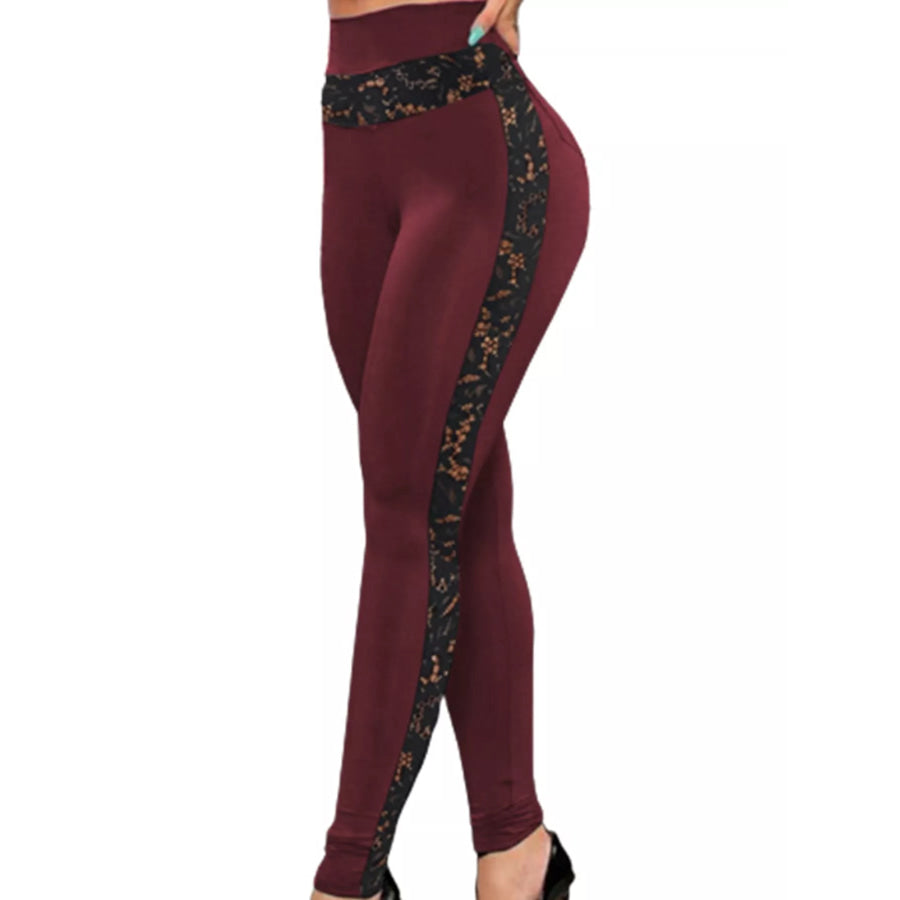 Full Size High-Waisted Floral Lace-Trimmed Slimming Leggings Plus Burgundy / S Apparel and Accessories