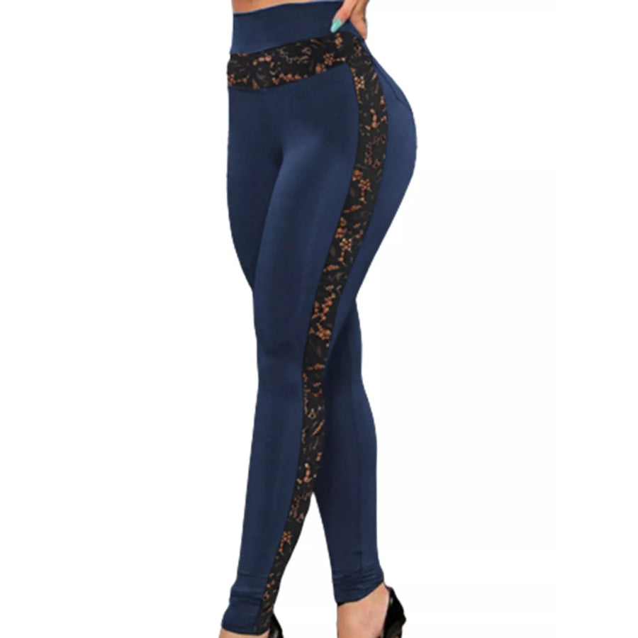 Full Size High-Waisted Floral Lace-Trimmed Slimming Leggings Plus Dark Blue / S Apparel and Accessories
