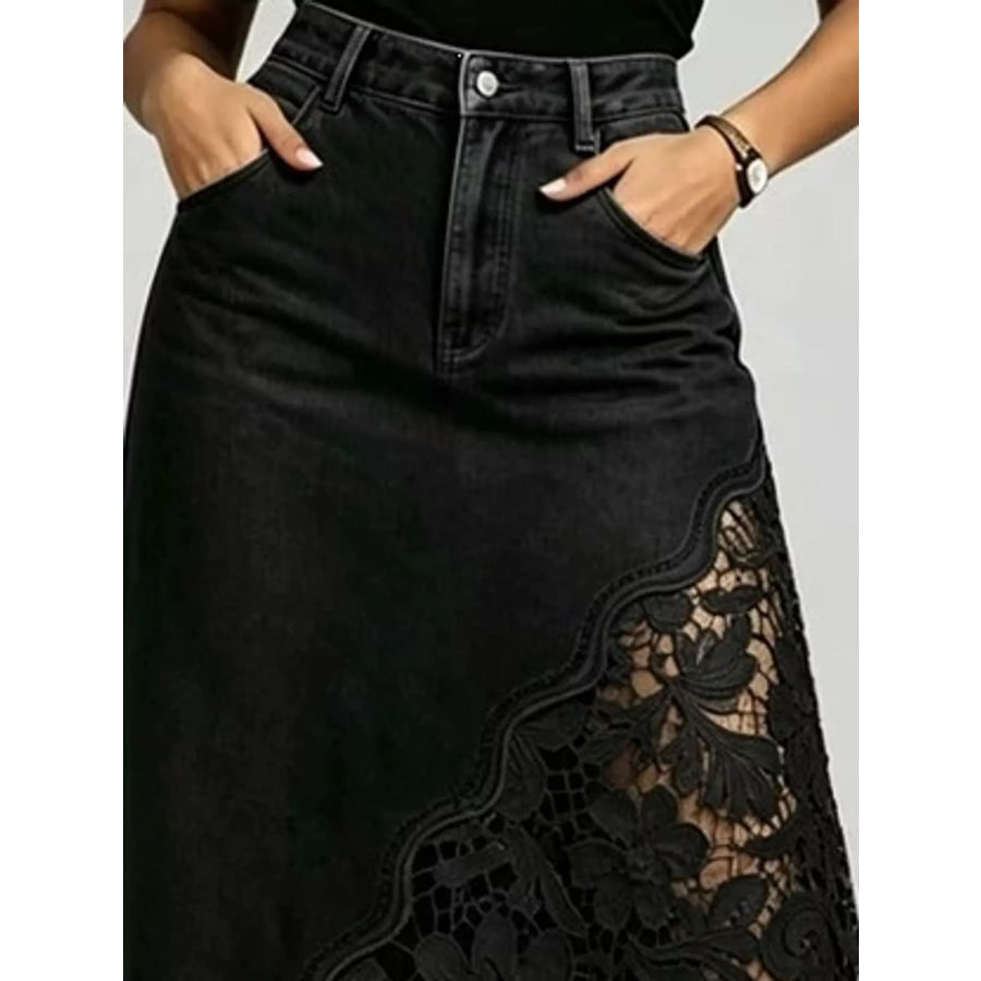 Full Size High-Waisted Lace Denim Skirt Plus Apparel and Accessories